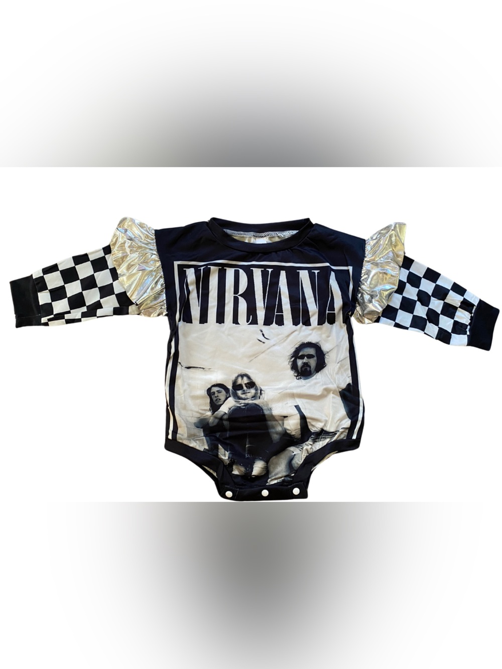 NIRVANA Black and White Graphic Kids Onesie with Checkerboard & Silver Sleeves
